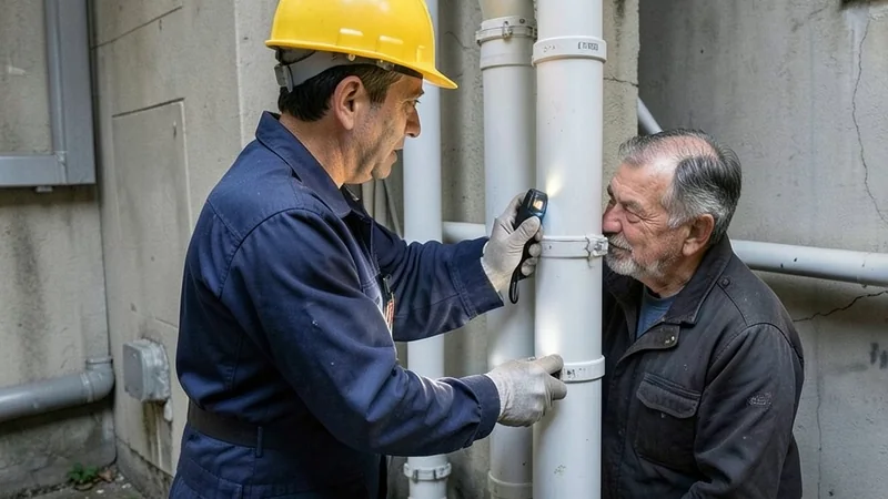 Técnico examinando la columna general de una bajante comunitaria en patio de luces