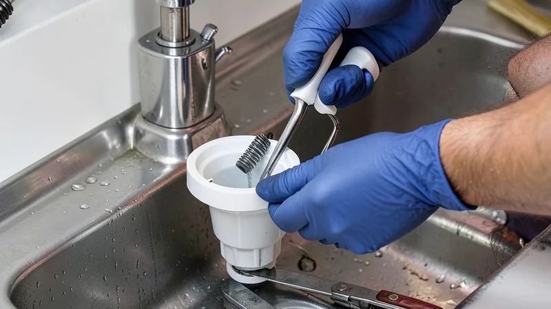 Fontanero desmontando y limpiando el sifón de PVC registrable bajo el fregadero de la cocina