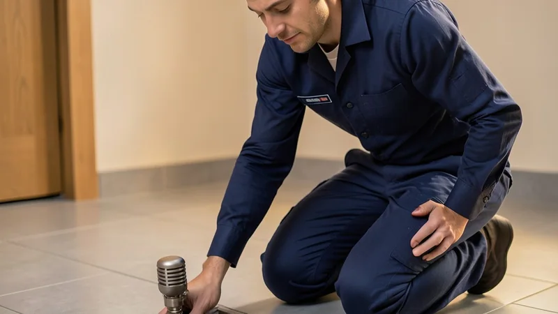 Técnico localizando fuga de agua oculta bajo el pavimento con geófono acústico