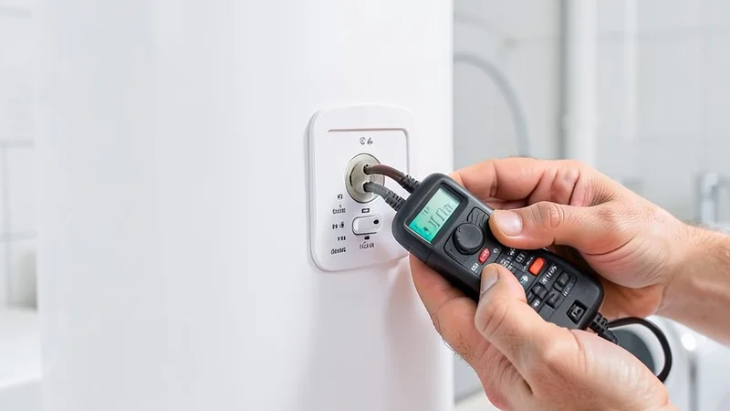 Técnico comprobando con multímetro digital el termostato de un termo eléctrico