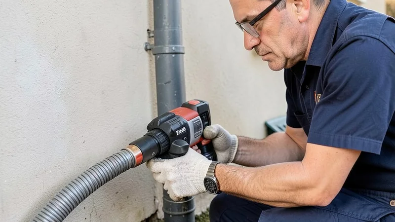 Equipo de inspección técnica CCTV mostrando tapón denso de fibras sintéticas en arqueta
